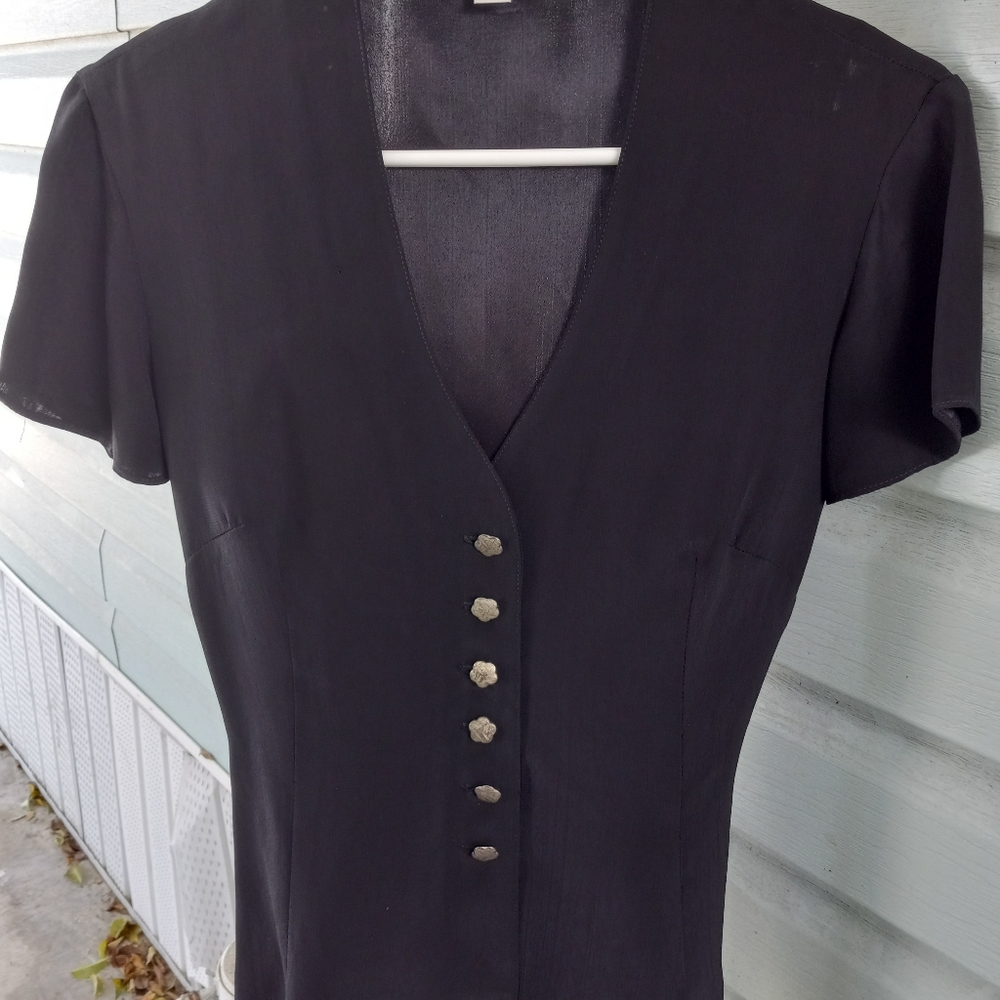 Black short sleeve dress shirt with gold buttons